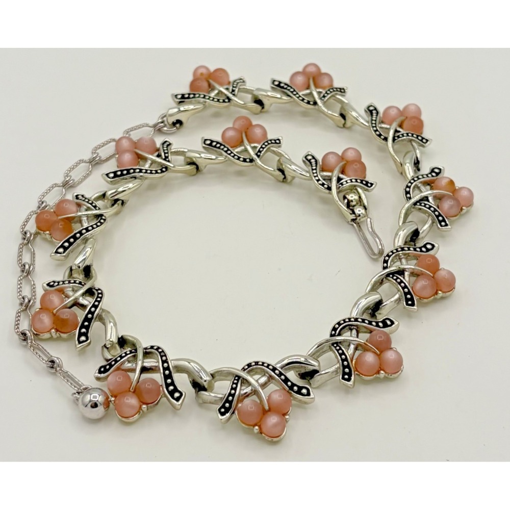 Vintage KRAMER Silver Tone Pink Moonglow Berry Cluster Choker Collar Necklace